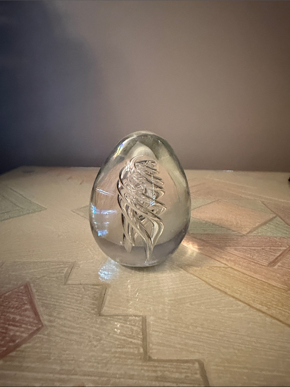 Clear Glass Decorative Egg Paperweight with Swirl Design